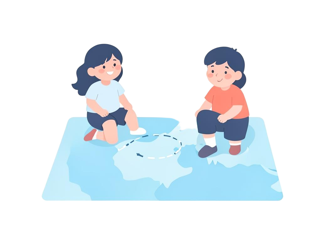 Two children on a map with the distance between them